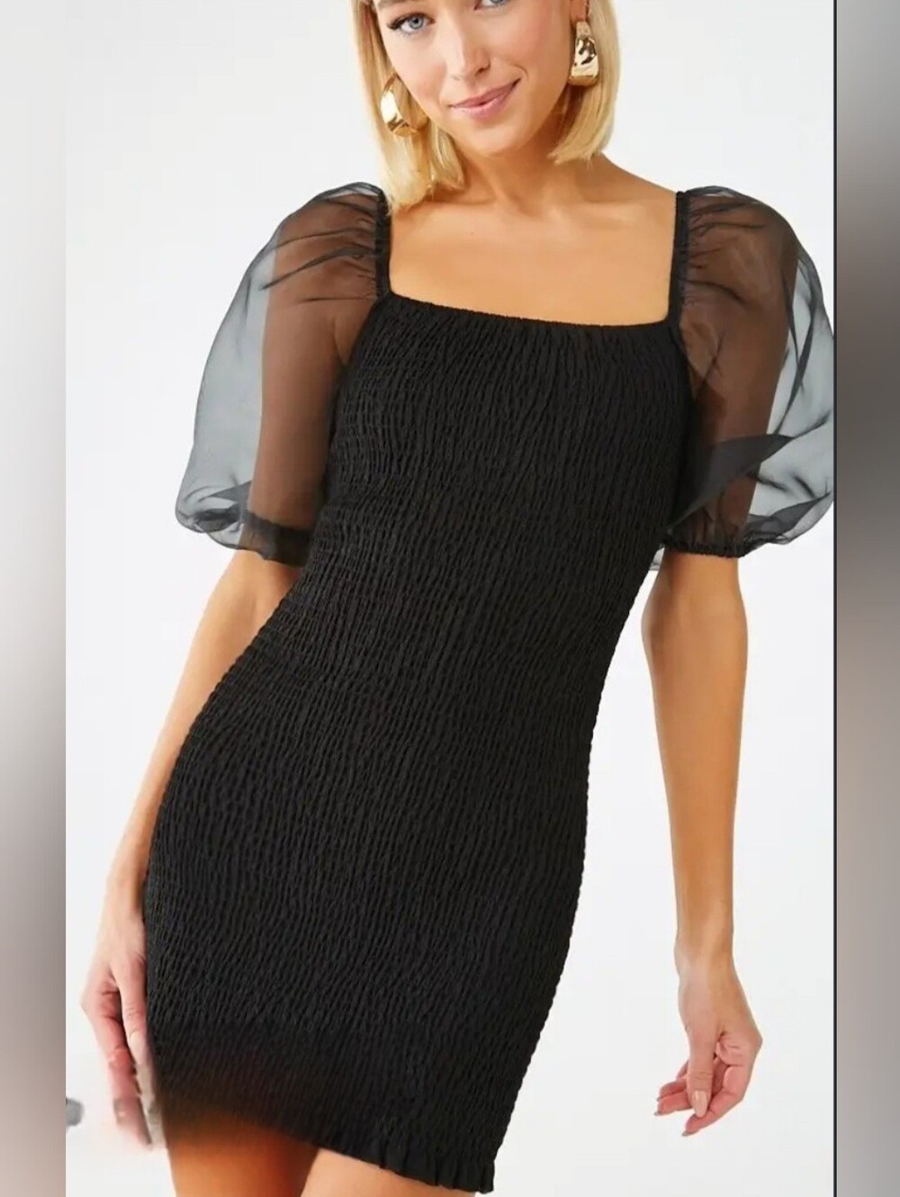 Women's Black Smocked Mini Dress With Sheer Organza Puff Sleeve Size Small.
